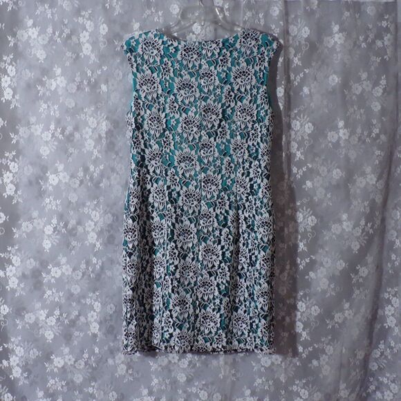 Floral Shift Dress Size 14 Teal White Black Lace Pencil Pinup Retro Style Boho - Picture 2 of 5